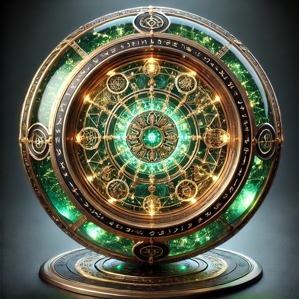 Luminous green and gold orb-like compass